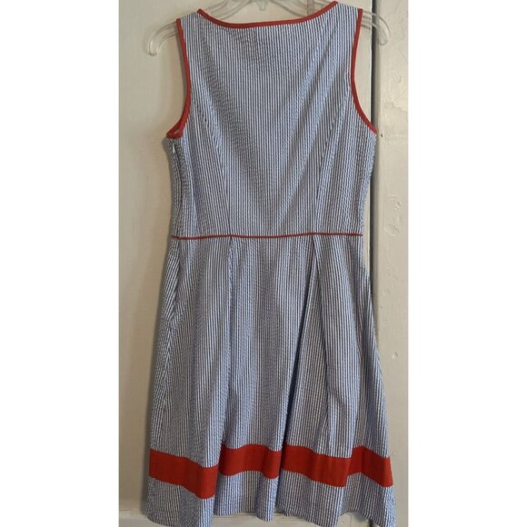 Jessica Simpson Blue White Seersucker Dress Orange Trim Pockets Lined Size 8 - Picture 2 of 10